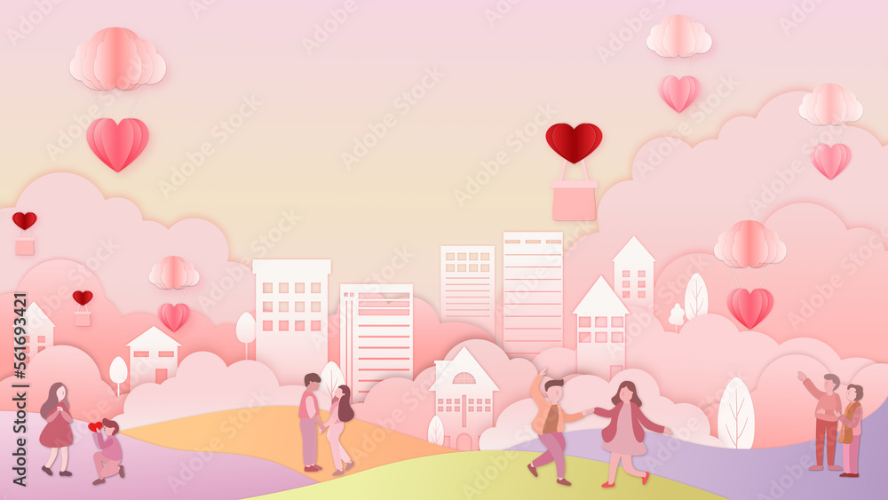 Honeymoon couple in the town of natural scenery with cloudscape pastel colors. love and heart on pink background. paper cut and craft style. A place for text. love concept on illustration. Honeymoon couple in the town of natural scenery with cloudscape pastel colors. love and heart on pink background. paper cut and craft style. A place for text. love concept on illustration.