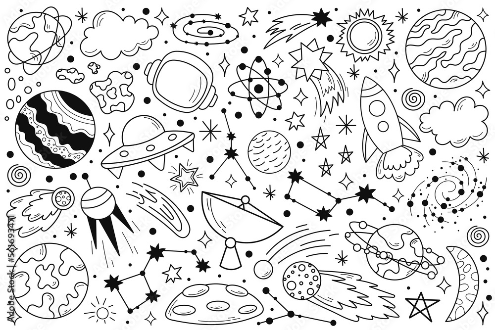 Space doodle linear icons. Different space elements. Planet, spaceship, astronaut, constellation, stars and asteroid