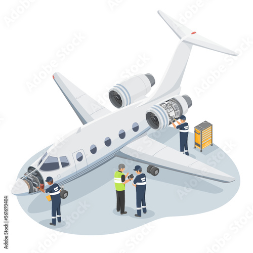 Private Airplane Engineer Technician Maintenance and Repair Service Small Jet Business Flight Cost white illustration isometric isolated vector