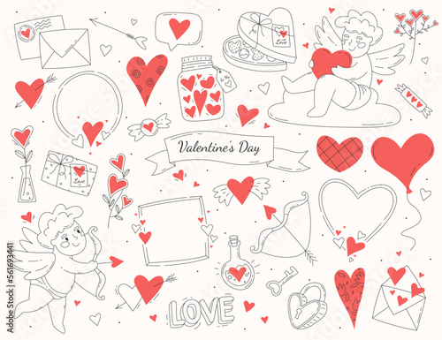 Valentine day in line art set.Contemporary designs of hearts, poisons, keys and lockers. Cupid arrows and bow