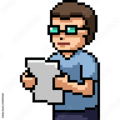 pixel art boy read paper