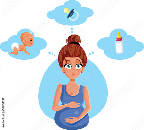 Pregnant Woman Thinking about Motherhood Vector Cartoon Illustration. Stressed new mom feeling anxious about raising her baby
