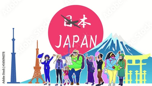 日本観光ツアーに参加した笑顔のインバウンド 　※文字あり・マスクあり　ループアニメーション