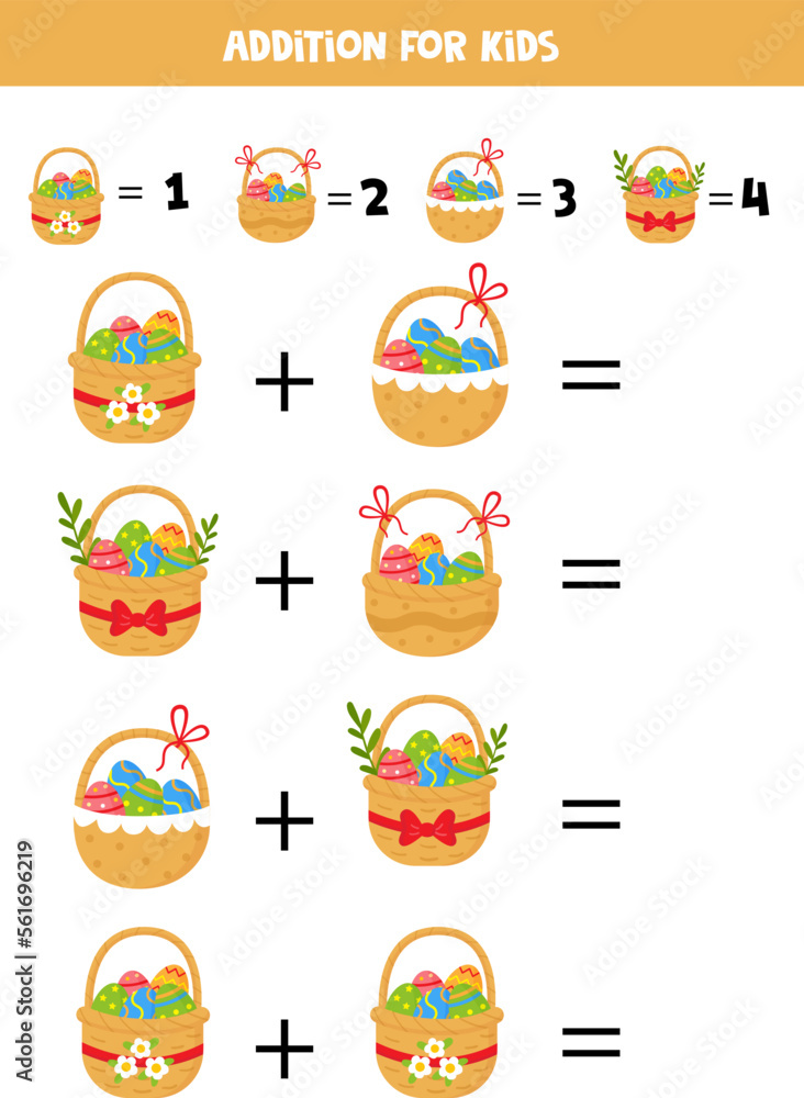 Addition game with different Easter baskets. Educational math game for preschool kids.