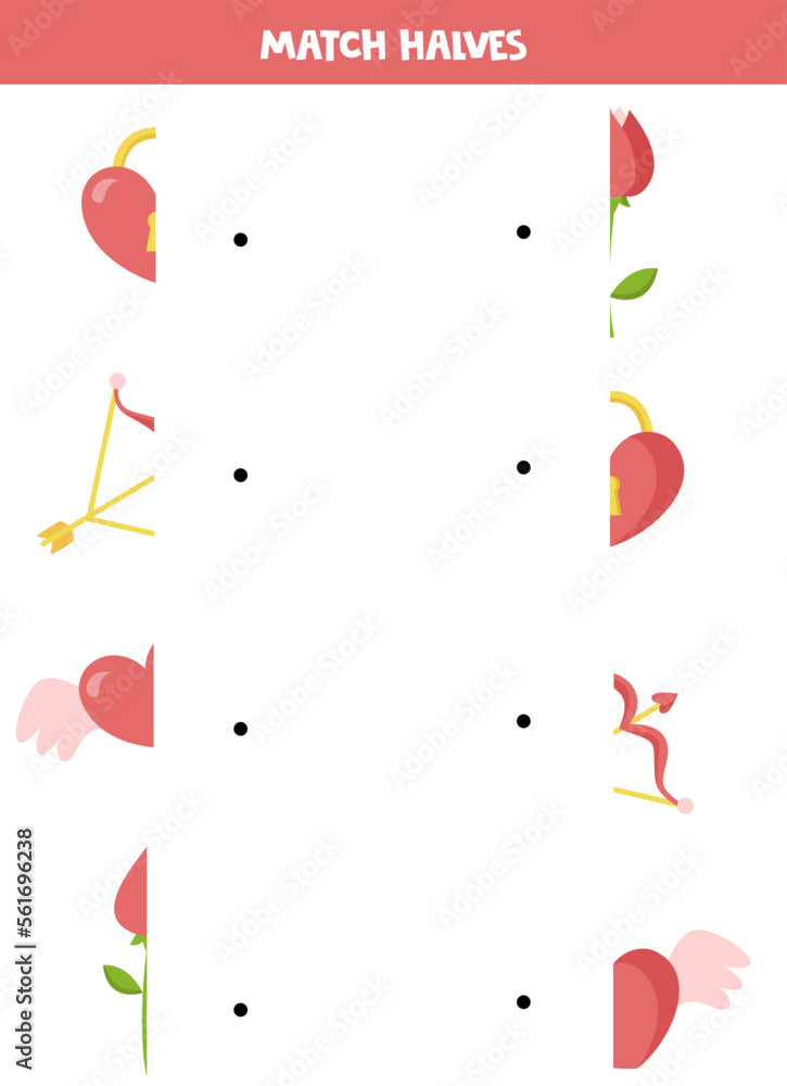 Match parts of cartoon valentine elements. Logical game for children.