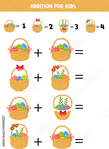 Addition game with different Easter baskets. Educational math game for preschool kids.