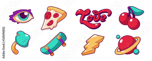 Retro groovy stickers with planet, lightning, mushroom and skateboard. Psychedelic rave icons with love symbol, cherry, pizza and eye, vector set in contemporary style