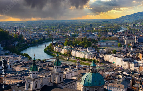 Photography The panoramic view in a spring season at a historic city of Salzburg with Salzac