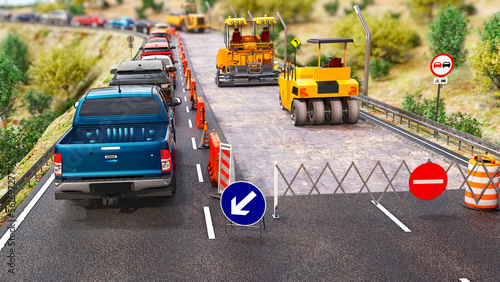 Fototapeta Naklejka Na Ścianę i Meble -  Road works on a country road caused a large traffic jam with a long queue of cars that is stretching to horizon, 3d illustration