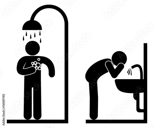 man washes, shower icon, bathroom symbol, isolated human silhouettes