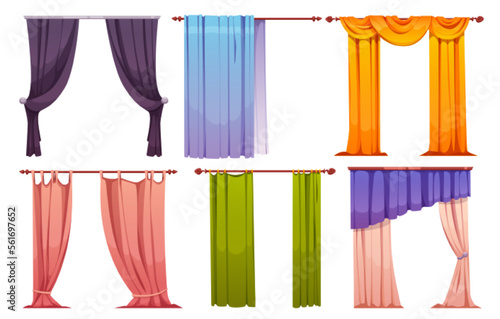 Cartoon set of color curtains isolated on white background. Vector illustration of thick and net textile in blue, black and green colors. Modern, classical home interior design elements