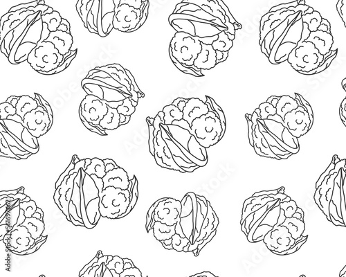 doodle pattern seamless with cauliflower, banner with healthy vegetables, for store promotion, poster with vegetables healthy food hand drawn on a white background drawn with black lines.
