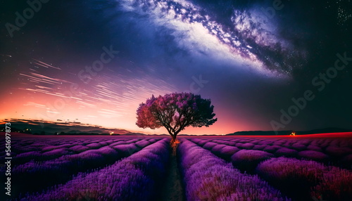 Beautiful nature background. Landscape of blooming lavender flowers Generative AI