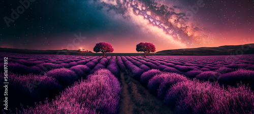 Beautiful nature background. Landscape of blooming lavender flowers Generative AI