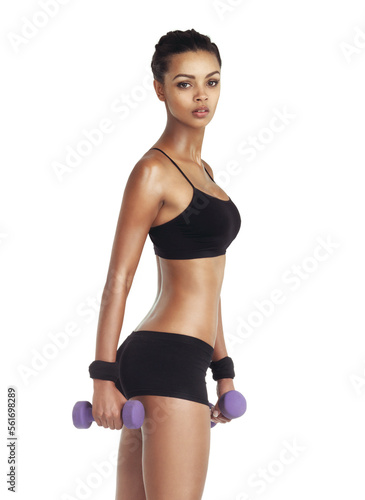 Fitness, weight and portrait of a black woman training for healthy lifestyle and exercise. White background, isolated and health lifestyle of a woman in underwear for body cardio and workout