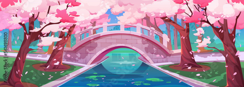 Japanese cherry garden with bridge and sakura blossom. Spring landscape of park with stone bridge over river or brook, chinese cherry trees with pink flowers, vector cartoon illustration