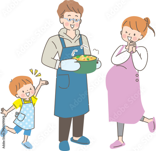 妊娠中のママに料理をする親子のイラスト