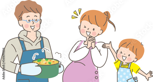 妊娠中のママに料理をする親子のイラスト