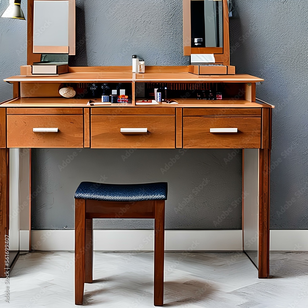 a photography of A dressing table with a mirror and drawers for storing makeup 2, Generative AI a photography of A dressing table with a mirror and drawers for storing makeup 2, Generative AI
