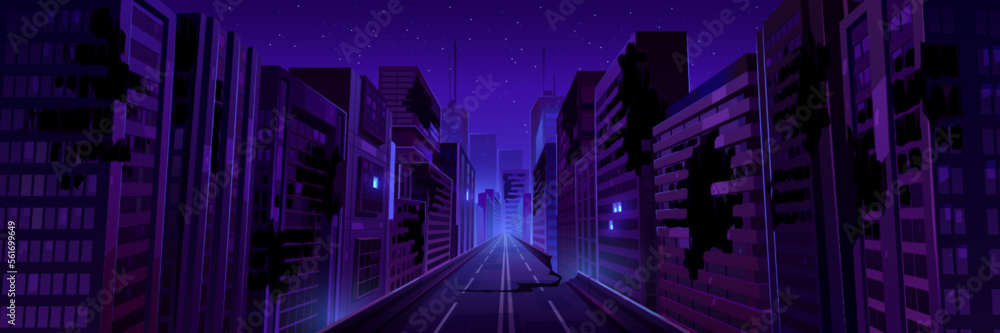 City street with buildings and ruins after earthquake, war, disaster. Destroyed abandoned town landscape with broken houses and road at night, vector cartoon illustration