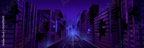 City street with buildings and ruins after earthquake, war, disaster. Destroyed abandoned town landscape with broken houses and road at night, vector cartoon illustration