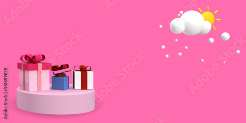 Happy Valentine's Day background. Realistic 3d stage podium, round studio, festive decorative objects, heart shaped balloons, falling gift boxes, february calendar. Holiday Banner, Poster. social medi