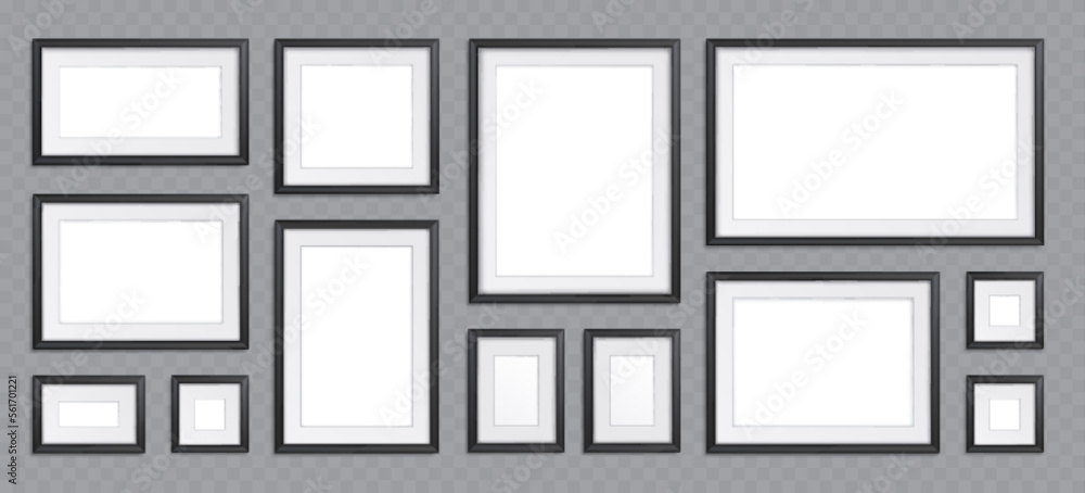 Composition of blank frames for pictures and photo. Art gallery wall collage of empty square and rectangle frames with black border, vector realistic illustration isolated on transparent background Composition of blank frames for pictures and photo. Art gallery wall collage of empty square and rectangle frames with black border, vector realistic illustration isolated on transparent background