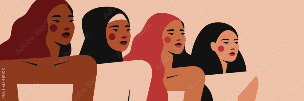 Banner with Confident women stand side by side together. Multicultural Portrait of four Females which support and care each other. Womens day greeting background. Vector illustration Banner with Confident women stand side by side together. Multicultural Portrait of four Females which support and care each other. Womens day greeting background. Vector illustration