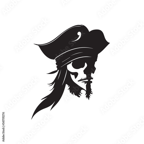 Pirate head minimal modern icon. Simple black and white vector illustration of angry captain. Ship commandant. Logo design for bar or alcohol. Rum business identity. Mascot for adventure or sport team