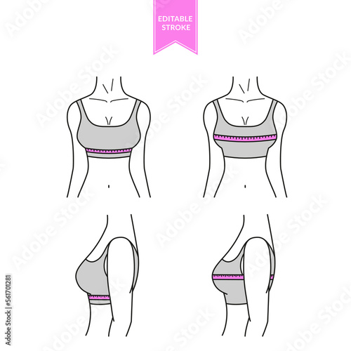 Measurement of women bra. Lingerie  fitting with tape measure. Front and side view. Icons for clothes store. Vector illustration. Editable stroke. 