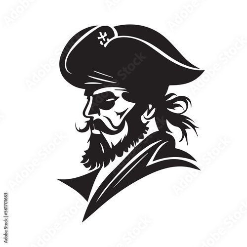Pirate head minimal modern icon. Simple black and white vector illustration of angry captain. Ship commandant. Logo design for bar or alcohol. Rum business identity. Mascot for adventure or sport team