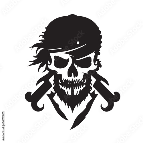 Pirate head minimal modern icon. Simple black and white vector illustration of angry captain. Ship commandant. Logo design for bar or alcohol. Rum business identity. Mascot for adventure or sport team