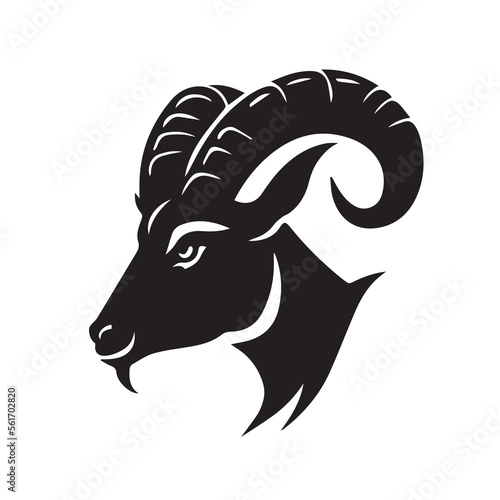 Ram vector icon. Minimal modern black and white illustration of sheep head. Zodiac sign animal. Horned creature. Symbol of strength. Strong element. Powerful business, company logo idea. Head of goat.