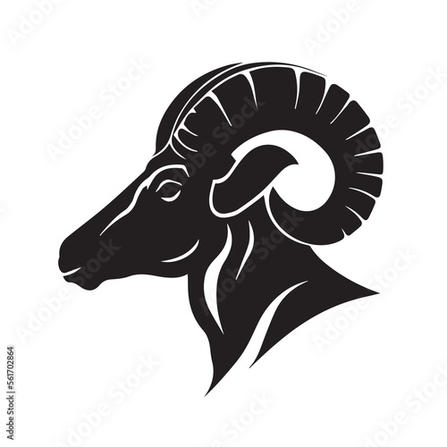 Ram vector icon. Minimal modern black and white illustration of sheep head. Zodiac sign animal. Horned creature. Symbol of strength. Strong element. Powerful business, company logo idea. Head of goat.