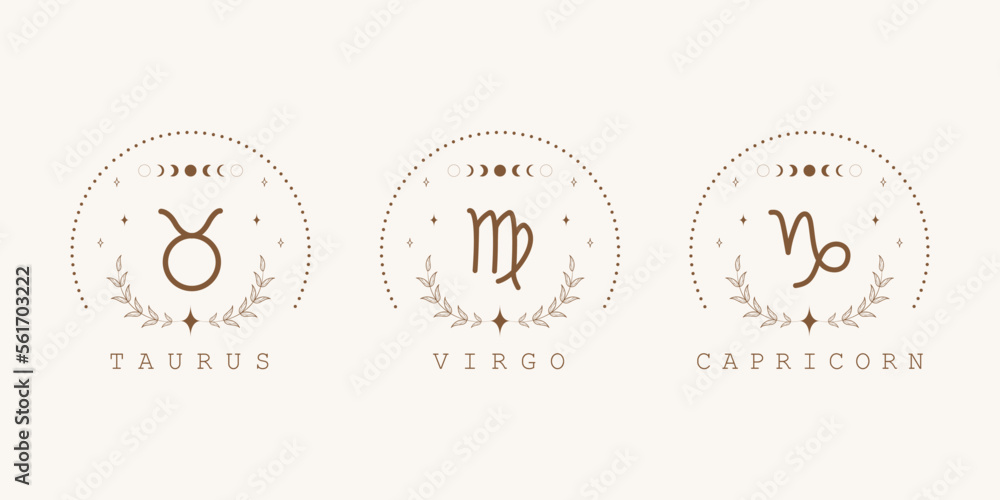 Naklejka premium Taurus, virgo, capricorn. Earth zodiac signs in boho style. Astrological icons on white background. Mystery and esoteric. Horoscope vector illustration. Spiritual symbols for tarot cards, calendars.