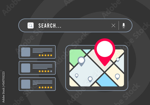 Local Search - small business seo marketing strategy based on consumer near me searches. Browser with local business listing, map and red pin icon, search result with nearby places with star rating photo