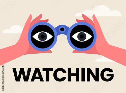 Hands hold binoculars. Search engine or research. big eyes looking forward through lenses. Concept of vision, spying. Future strategy, business opportunity, exploration. Trendy vector illustration.