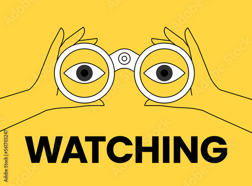 Hands hold binoculars. Search engine or research. big eyes looking forward through lenses. Concept of vision, spying. Future strategy, business opportunity, exploration. Trendy vector illustration.