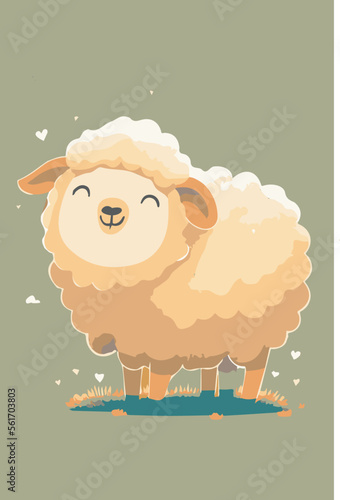 Sheep cartoon drawing. Vector illustration of cute cheerful farm animal. Isolated adorable baby mascot. Sweet fluffy agriculture livestock. Happy and fun mammal. Card or poster for birthday. Lamb goat