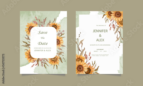 Wedding invitation sunflower watercolor flash background