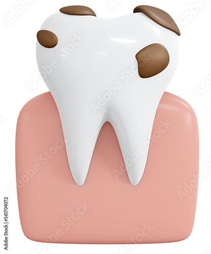 3D Rendering tooth with food stain in between icon cartoon style isolated on white. 3D Render illustration.