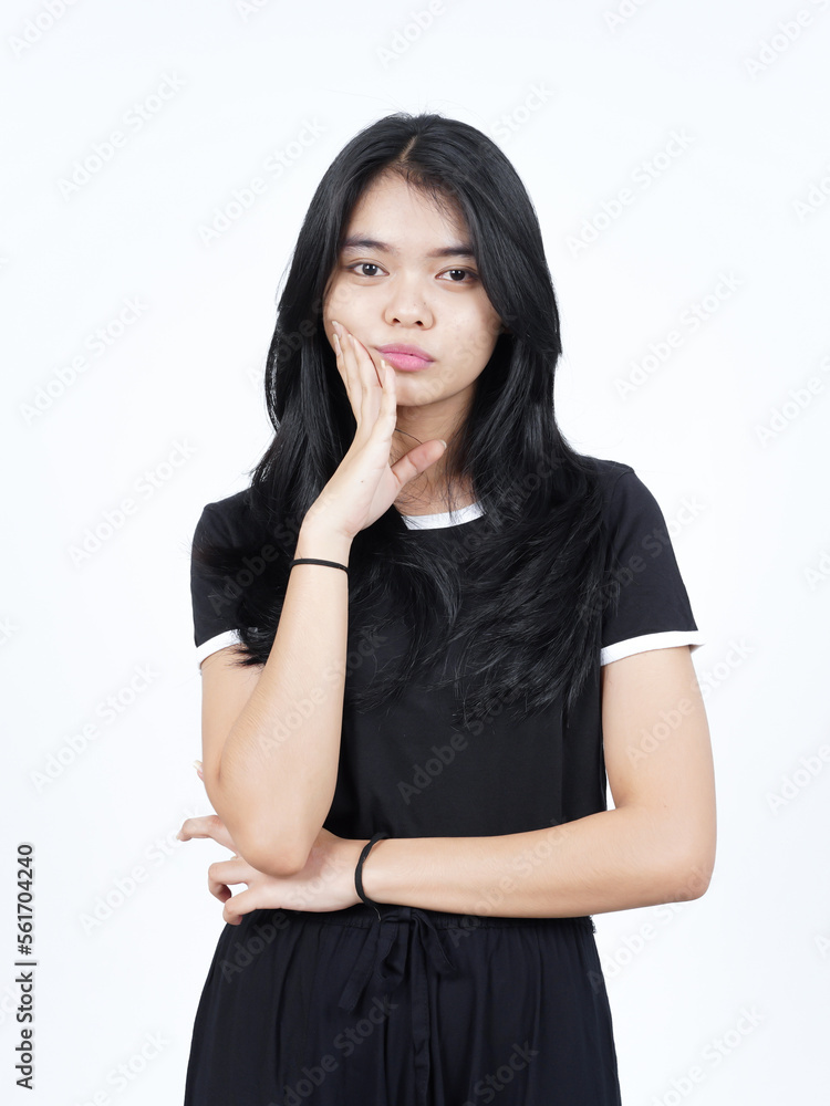 Serious Face hand on cheek and looking at camera Of Beautiful Asian Woman Isolated On White Serious Face hand on cheek and looking at camera Of Beautiful Asian Woman Isolated On White