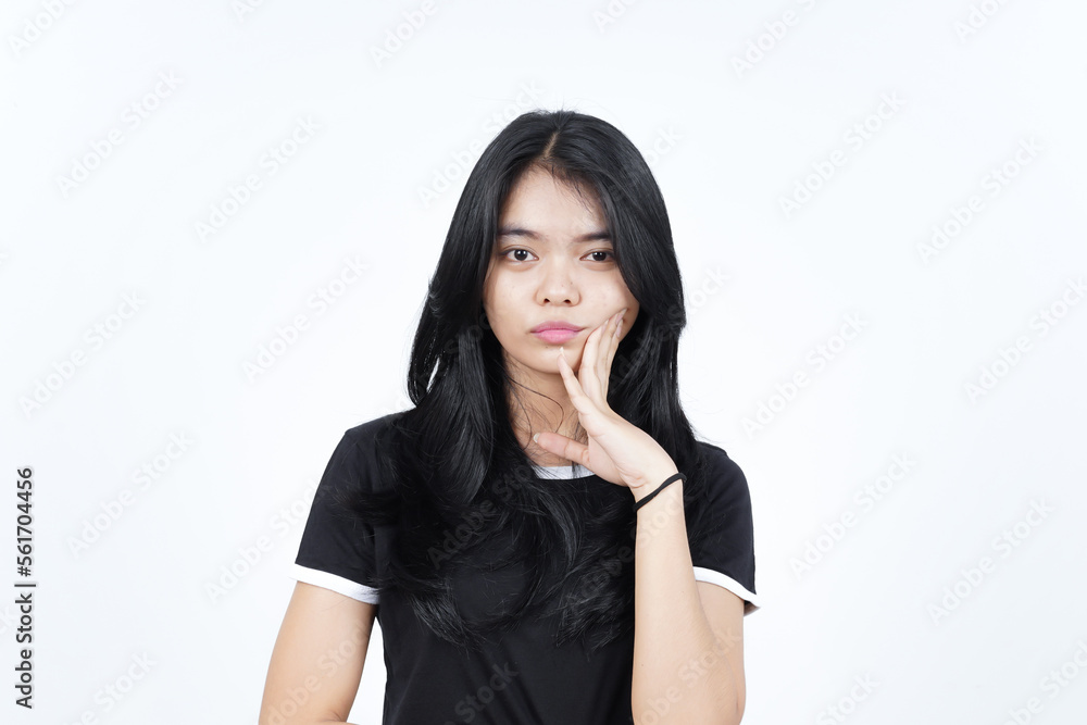 Serious Face hand on cheek and looking at camera Of Beautiful Asian Woman Isolated On White Serious Face hand on cheek and looking at camera Of Beautiful Asian Woman Isolated On White