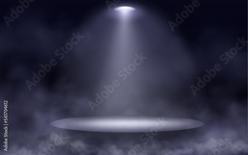 Podium, round stage, winner pedestal illuminated by spotlight. Circular platform, projector beam and smoke clouds on black background, vector realistic illustration