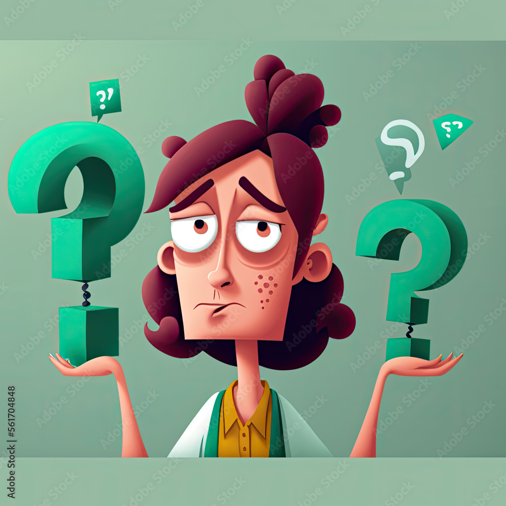 Woman holding question marks with a confused face illustration 