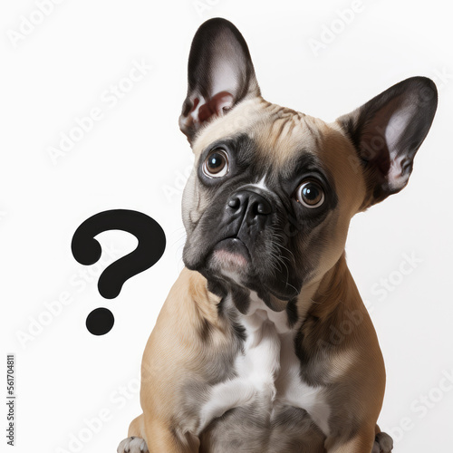 Pug with a question mark next to it on a white background