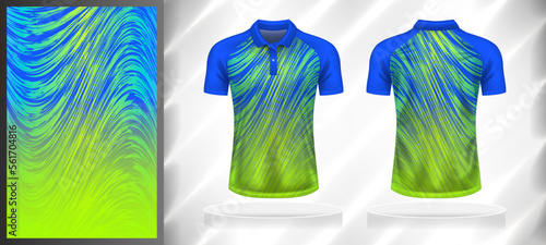 Vector sport pattern design template for Polo T-shirt front and back view mockup. Blue-green color gradient abstract grunge curve line texture background illustration.