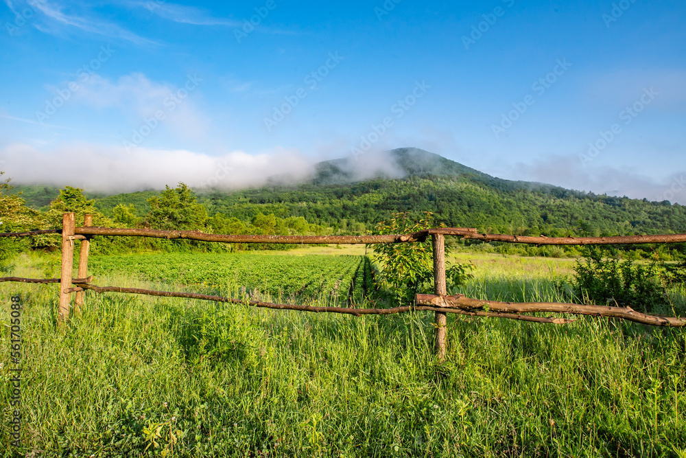 countryside wooden fence near the garden. mountainous terrain.