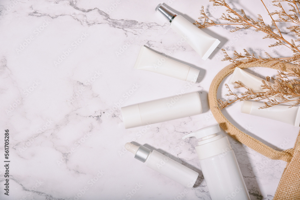 Cosmetics bottle containers packaging, Natural organic skincare beauty product, Reusable cosmetics package, Zero waste, Eco friendly and sustainable concept.