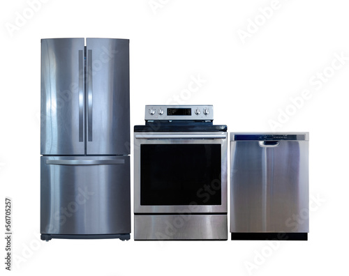 Household appliances on a white background. Home appliances. Electric cooker stove, refrigerator and washing machine. Energy efficient home appliances